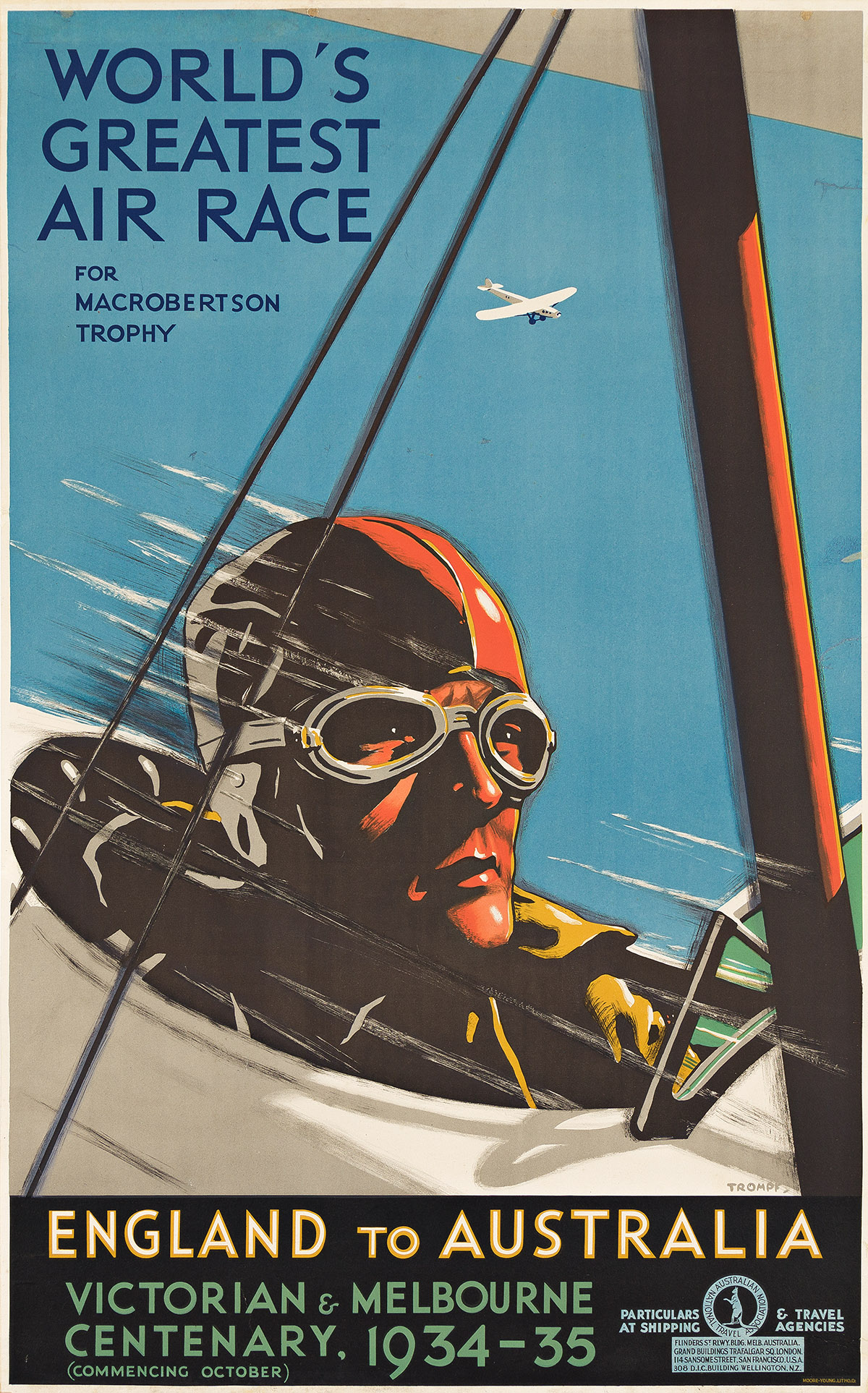 PERCIVAL (PERCY) ALBERT TROMPF (1902-1964).  WORLDS GREATEST AIR RACE / ENGLAND TO AUSTRALIA. 1934. 40x25 inches, 101½x63½ cm. Moore Y